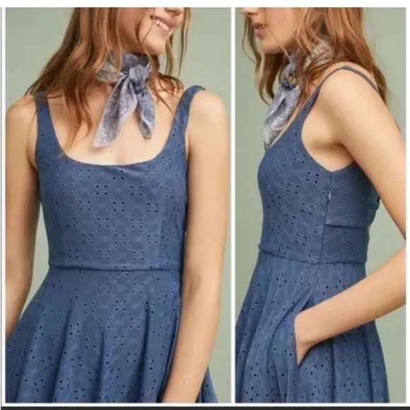 Anthropologie HUTCH Olivia Eyelet Blue Skater Dress Coastal Vacation Medium - Picture 2 of 16